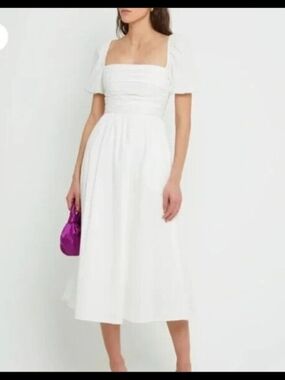 O.P.T White Puff-Sleeve Square-Neck Midi Dress